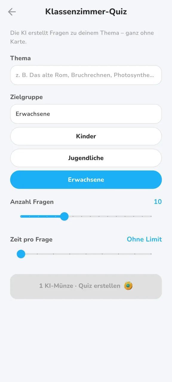 Klassenzimmer-Quiz konfigurieren: Thema, Zielgruppe, Anzahl Fragen