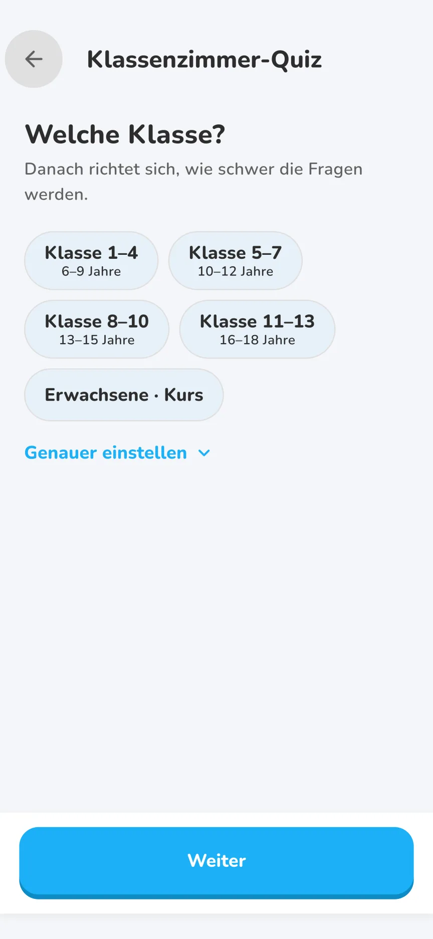 Klassenzimmer-Quiz konfigurieren: Thema, Zielgruppe, Fragen