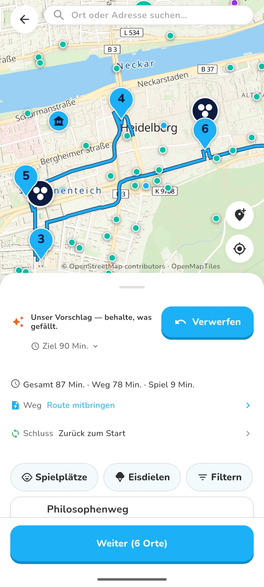 Entdecken-Karte: eine Route durch eure Orte, mit Dauer auf einen Blick