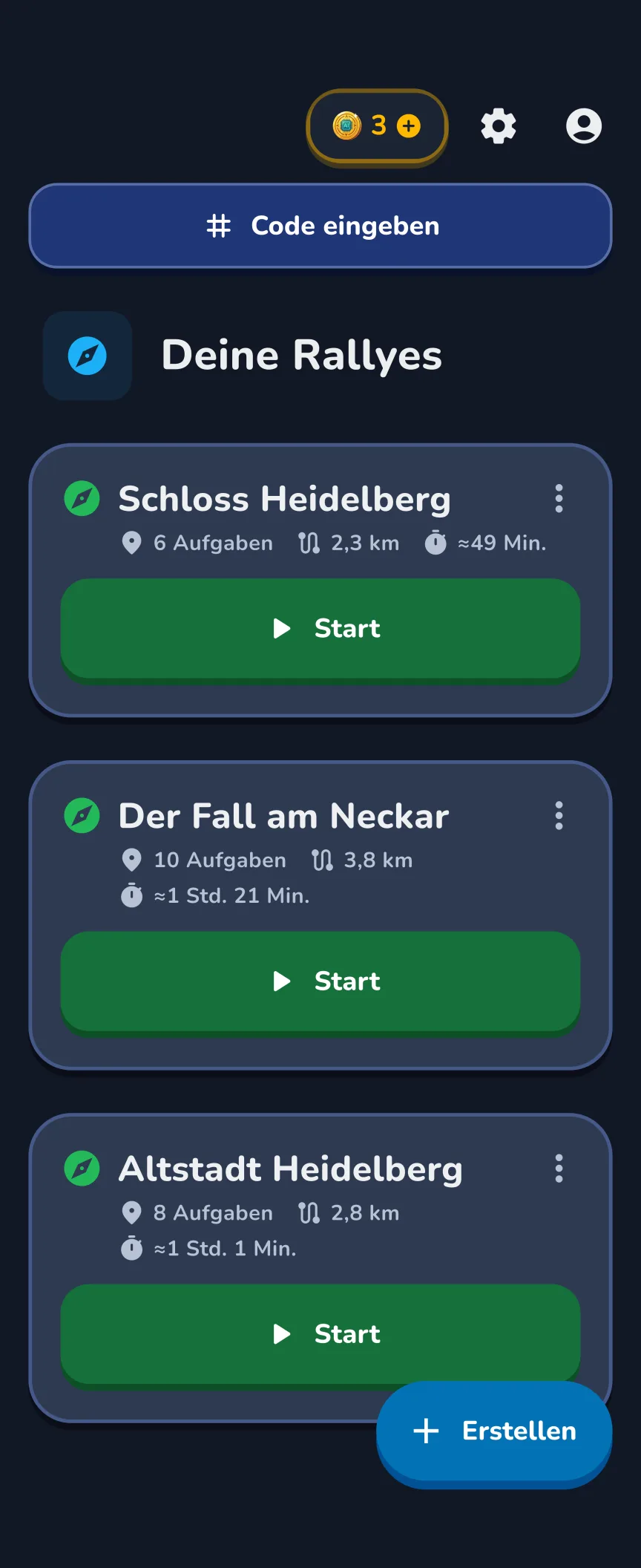 Startseite der App im dunklen Modus