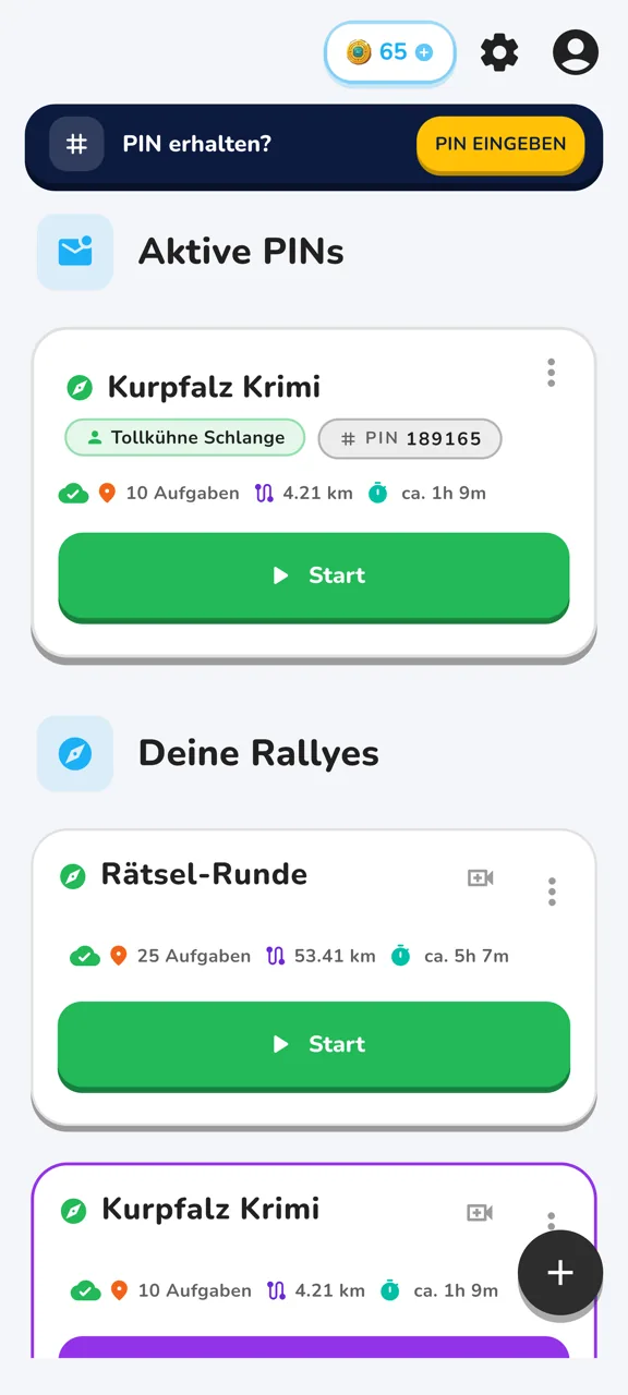 GeoWunder Home-Screen mit aktiven Rallyes
