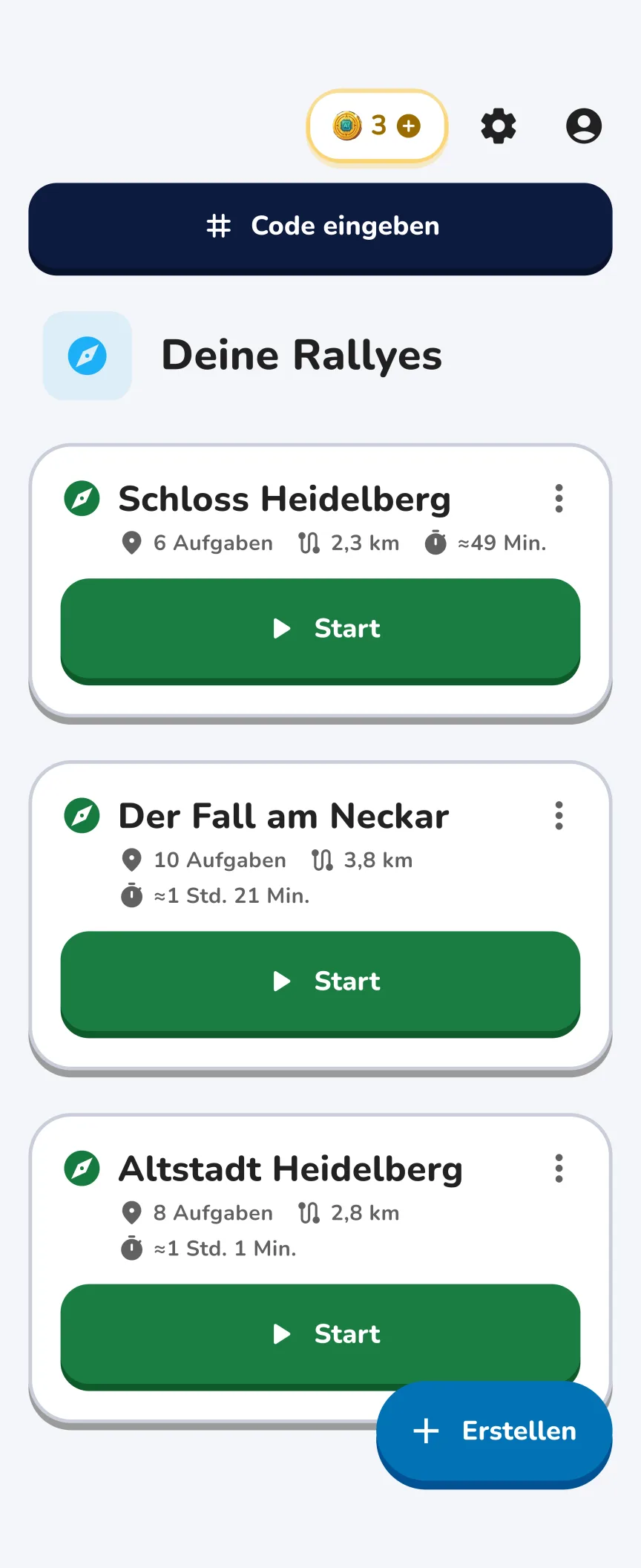 Startseite der App: deine Rallyes, bereit zum Start