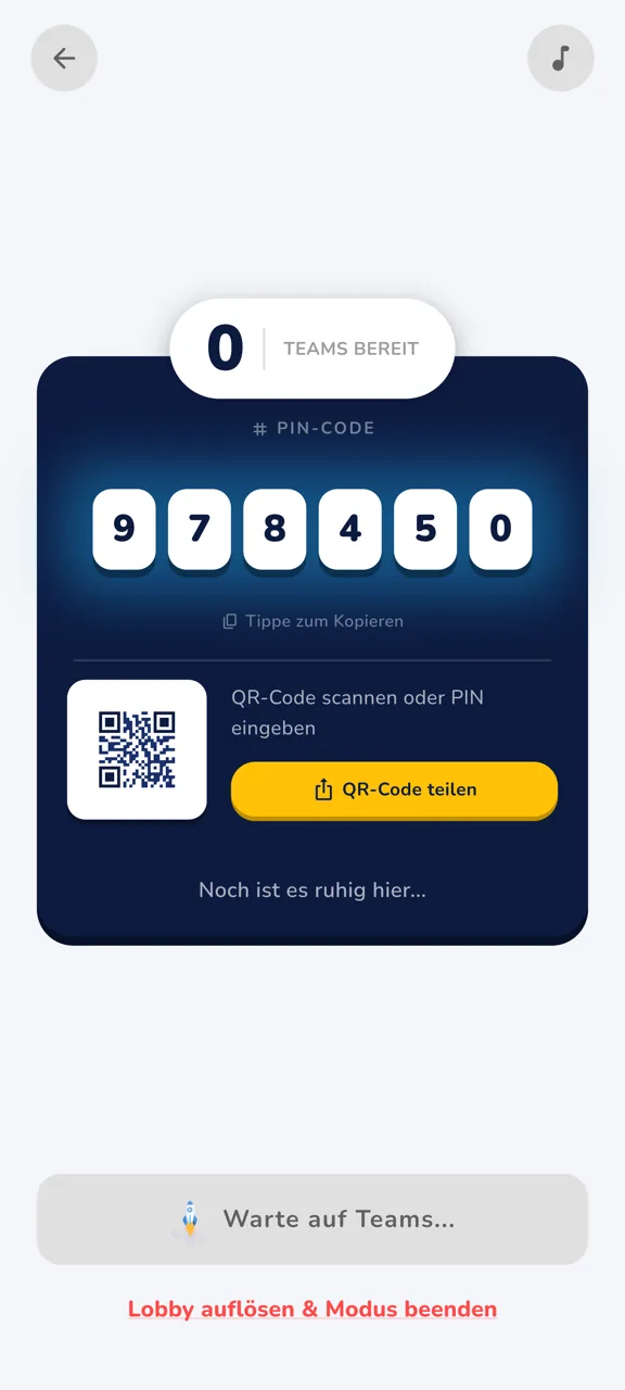Host-Lobby mit PIN-Anzeige und Live-Karte