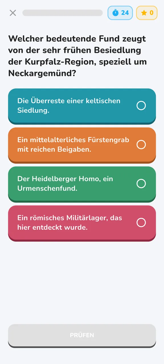 Quizfrage mit vier Antwortmöglichkeiten und Countdown