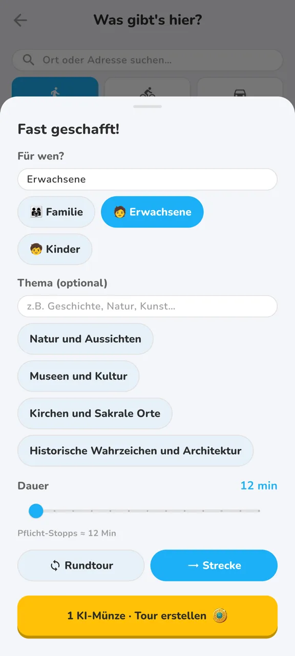 Tour-Einstellungen: Zielgruppe, Thema und Dauer