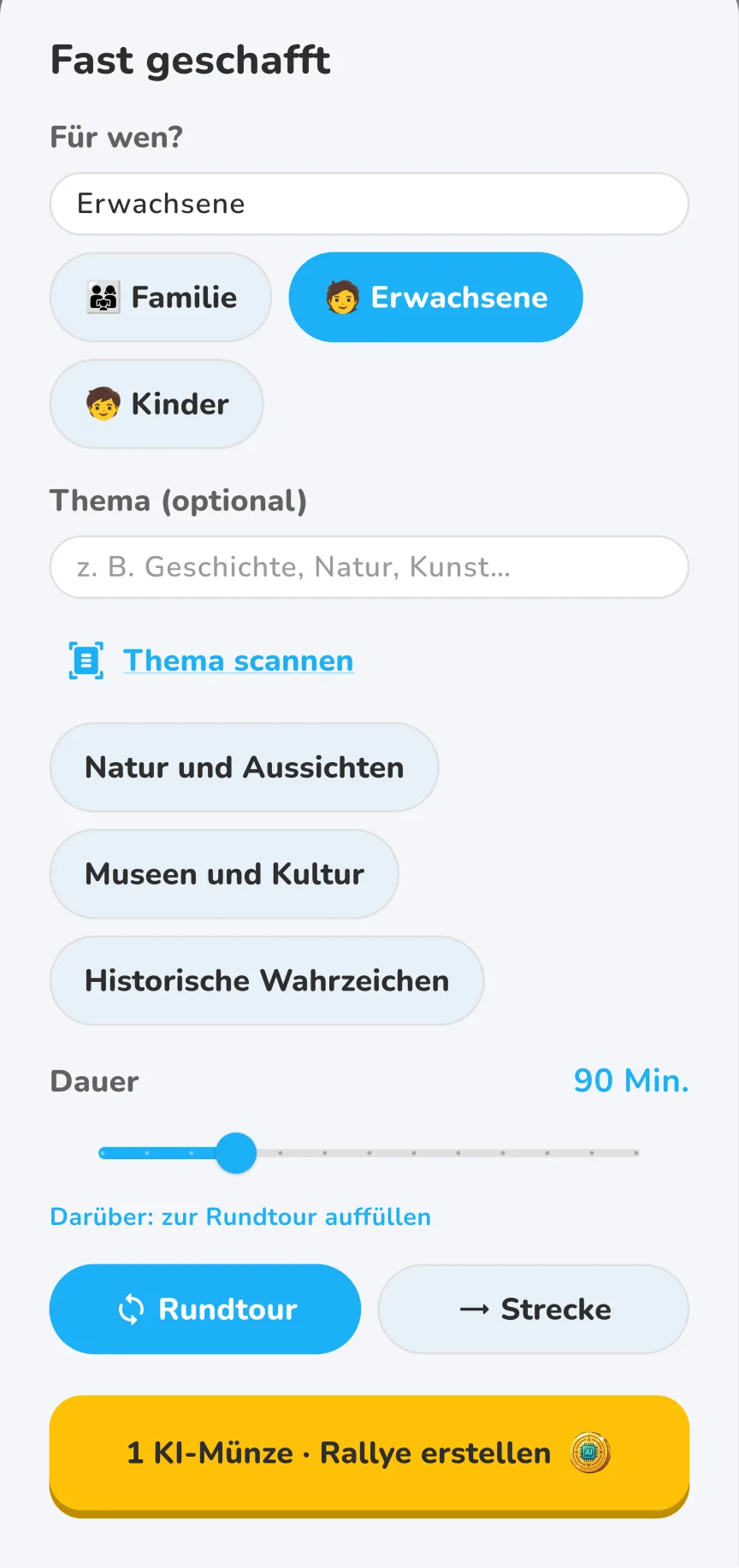 Tour-Einstellungen: Zielgruppe, Thema und Dauer
