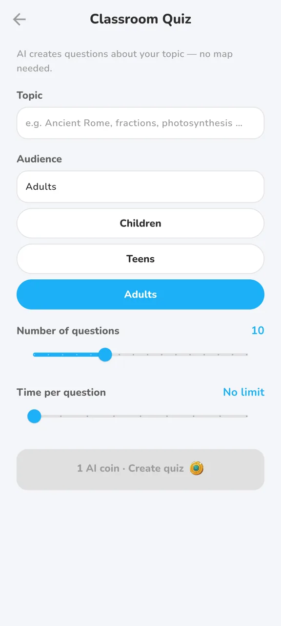 Configure a classroom quiz: theme, audience, questions