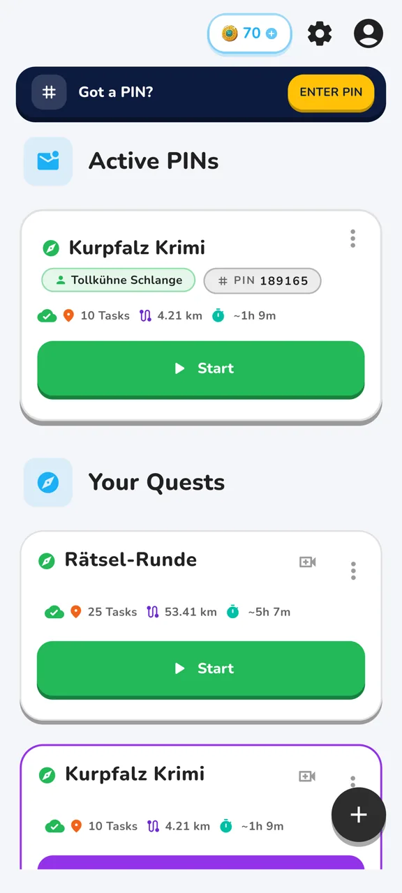 GeoWunder home screen with active quests