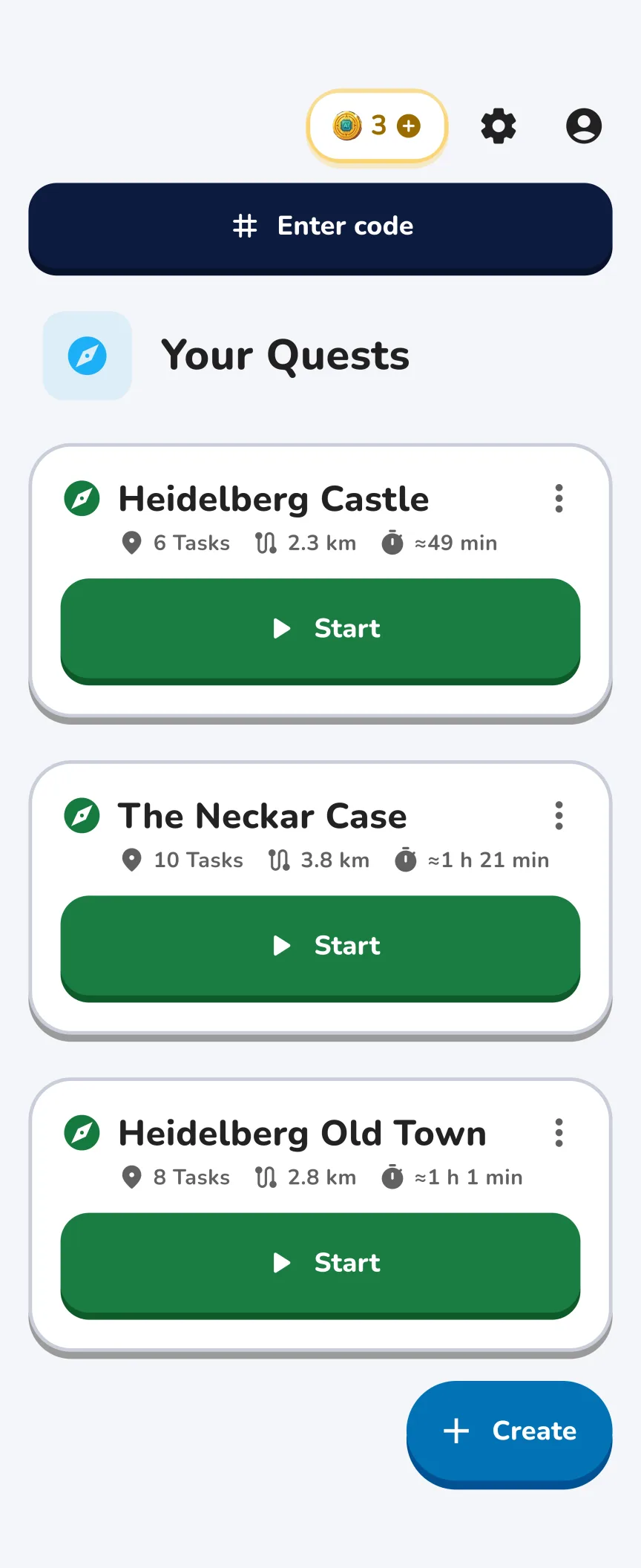 App home screen: your quests, ready to start