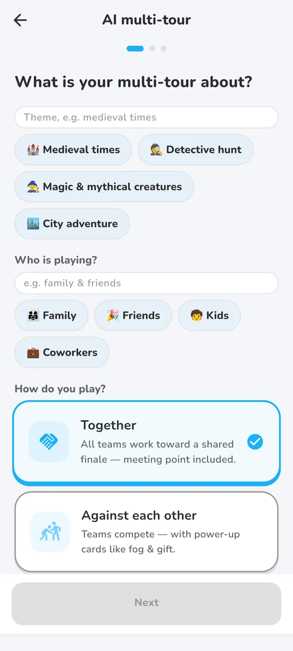 Create a multi-tour: choose theme and game mode