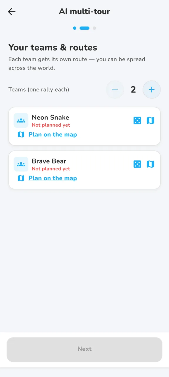 Teams and routes of a multi-tour