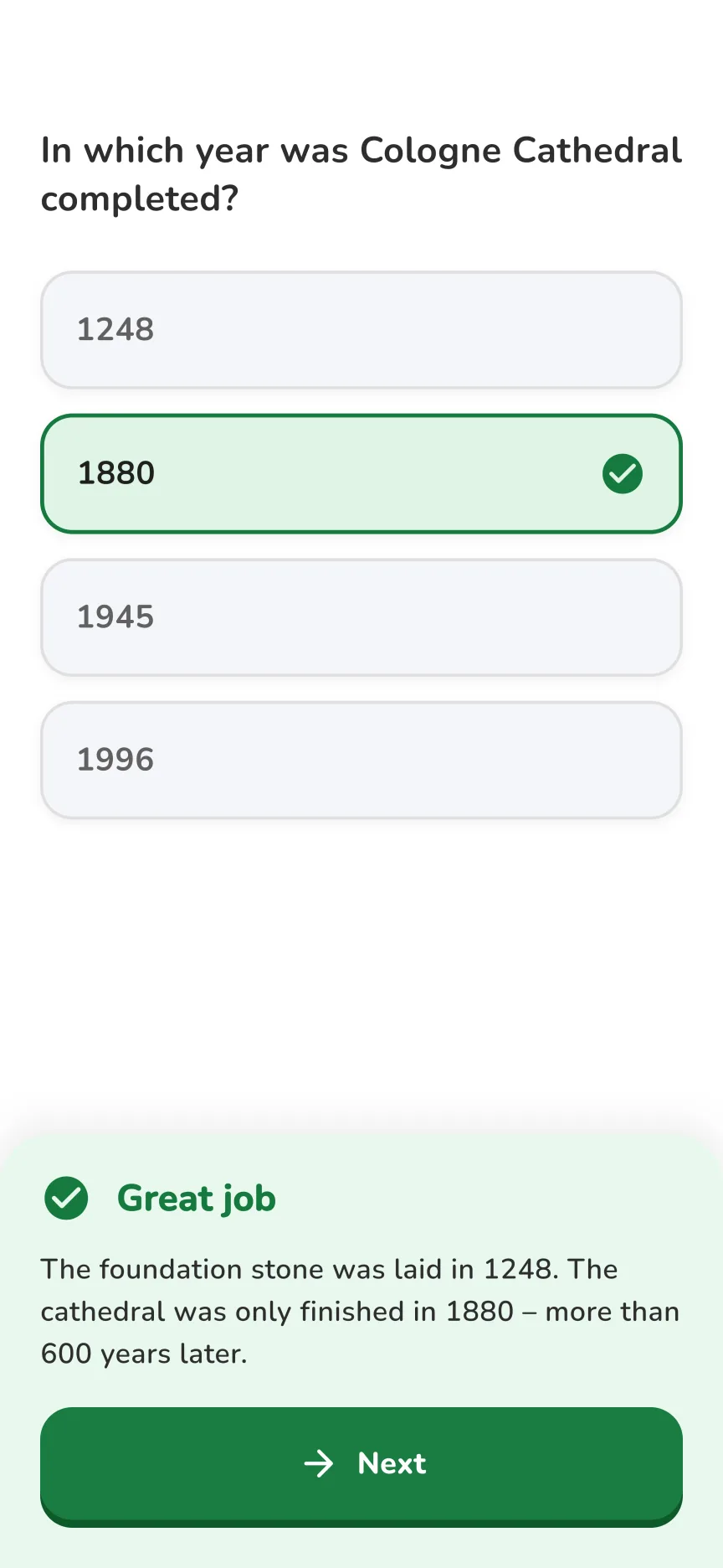 Quiz question at a station: the right answer, with the explanation